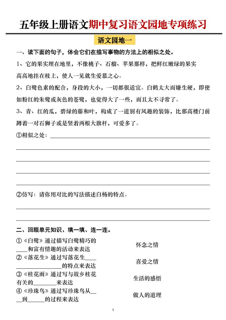 五年级上册语文期中复习语文园地专项练习（空白）-十一资源